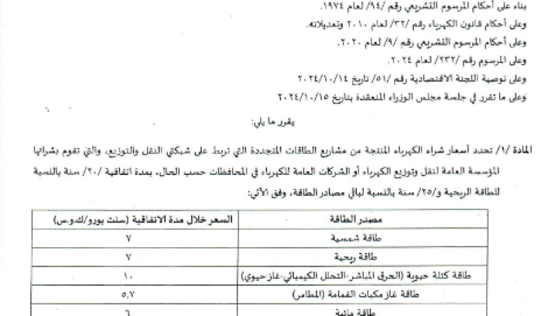 تحديد أسعار الكهرباء المنتجة من مشاريع الطاقة المتجددة التي تربط على شبكتي النقل والتوزيع
